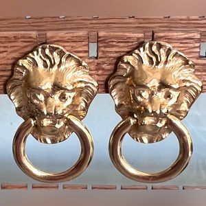 1990s Kenneth Jay Lane Lion Door Knocker Earrings 22KT gold plated